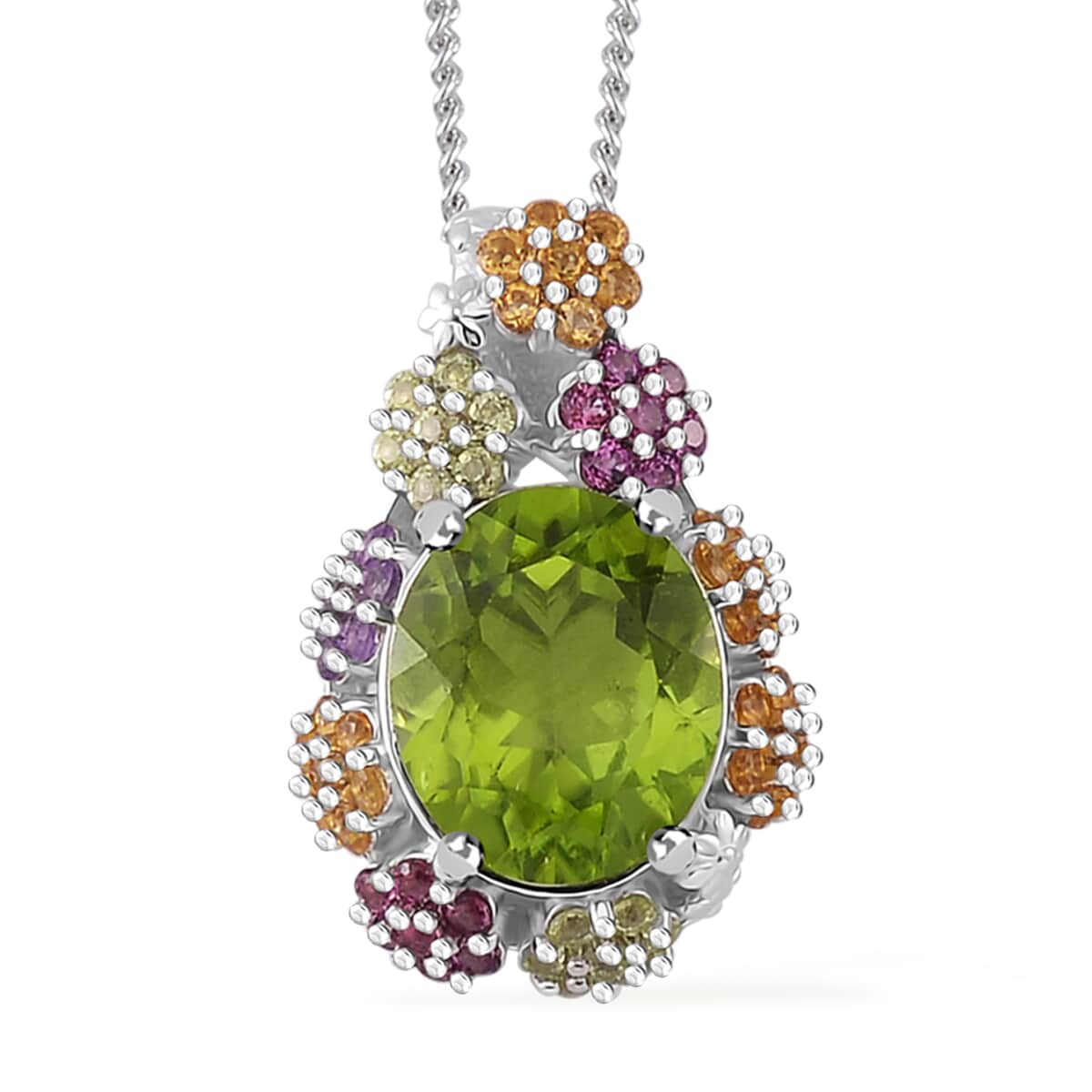 Hebei Peridot and Multi Gemstone 5.80 ctw Garden Serenity Pendant Necklace 18 Inches in Platinum and Rhodium Over Sterling Silver image number 0