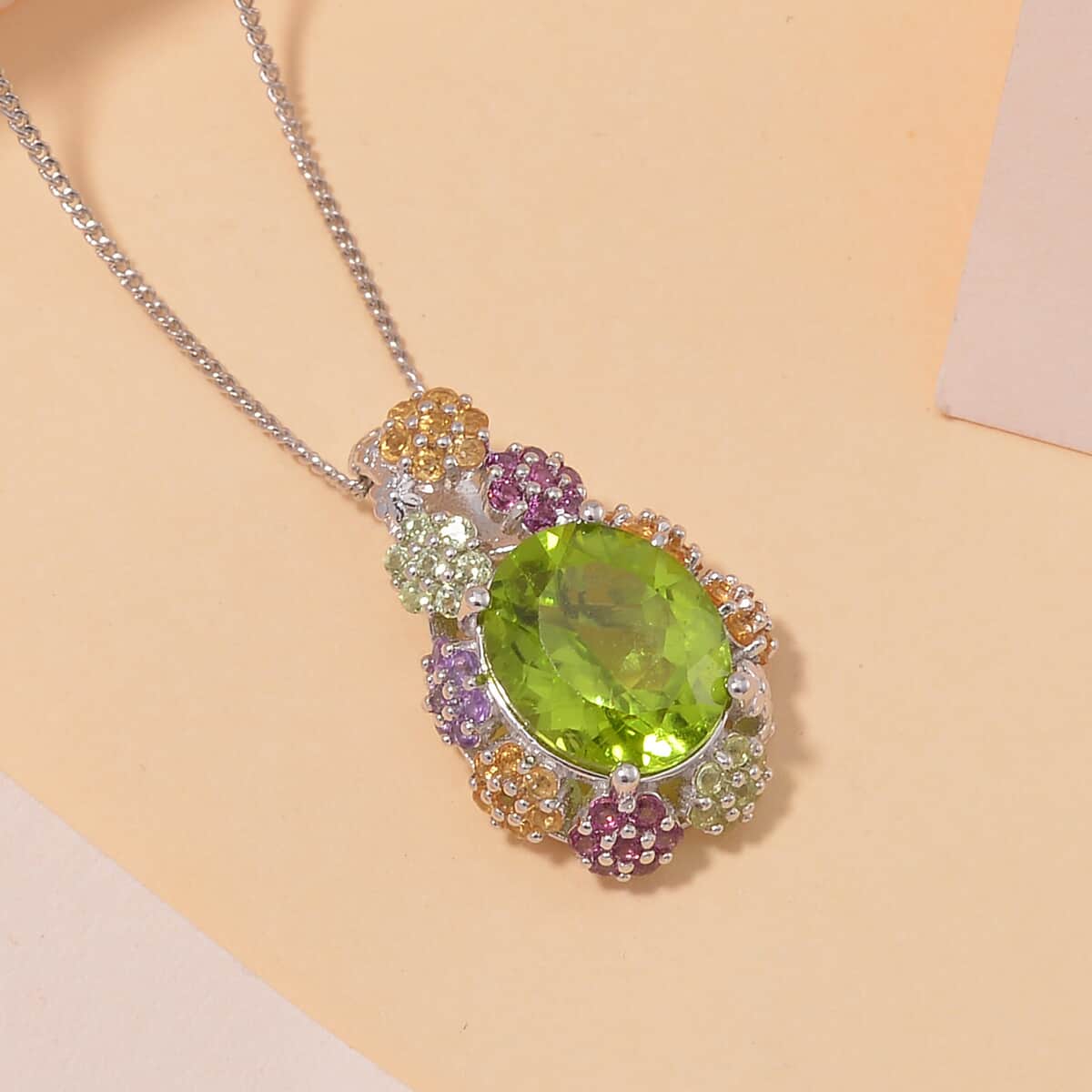 Hebei Peridot and Multi Gemstone 5.80 ctw Garden Serenity Pendant Necklace 18 Inches in Platinum and Rhodium Over Sterling Silver image number 1