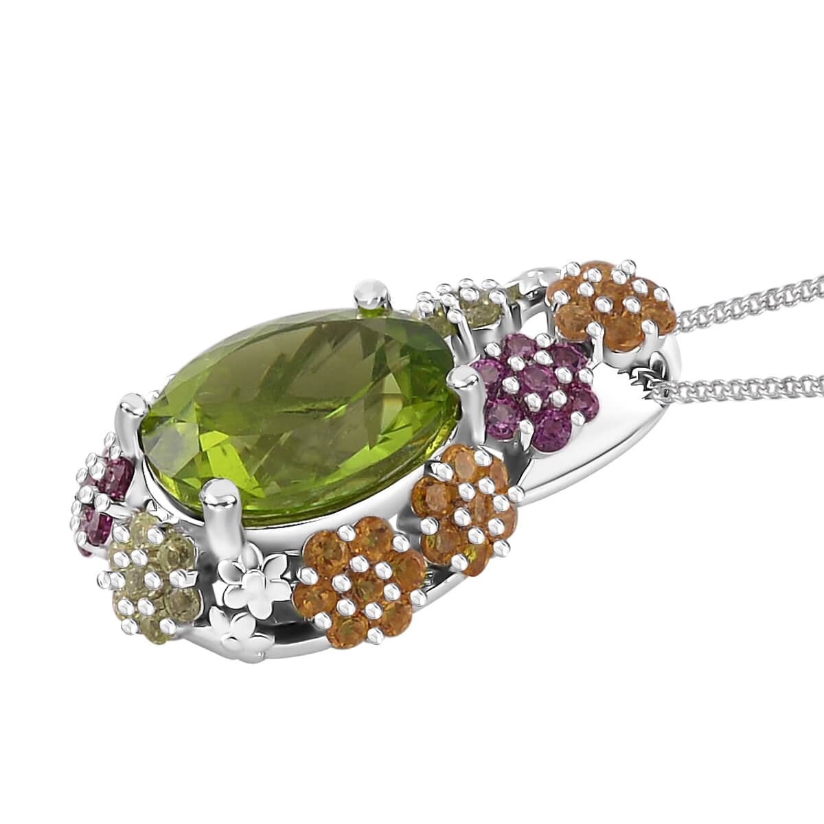 Hebei Peridot and Multi Gemstone 5.80 ctw Garden Serenity Pendant Necklace 18 Inches in Platinum and Rhodium Over Sterling Silver image number 3