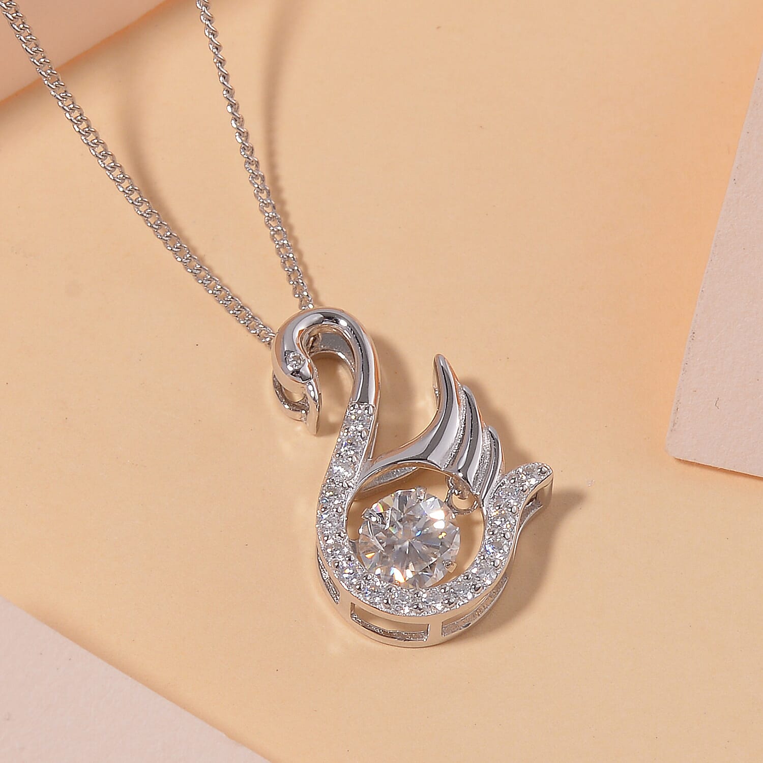 Moissanite 1.00 ctw Swan Dancing Pendant Necklace in Rhodium Over Sterling Silver 20 Inches