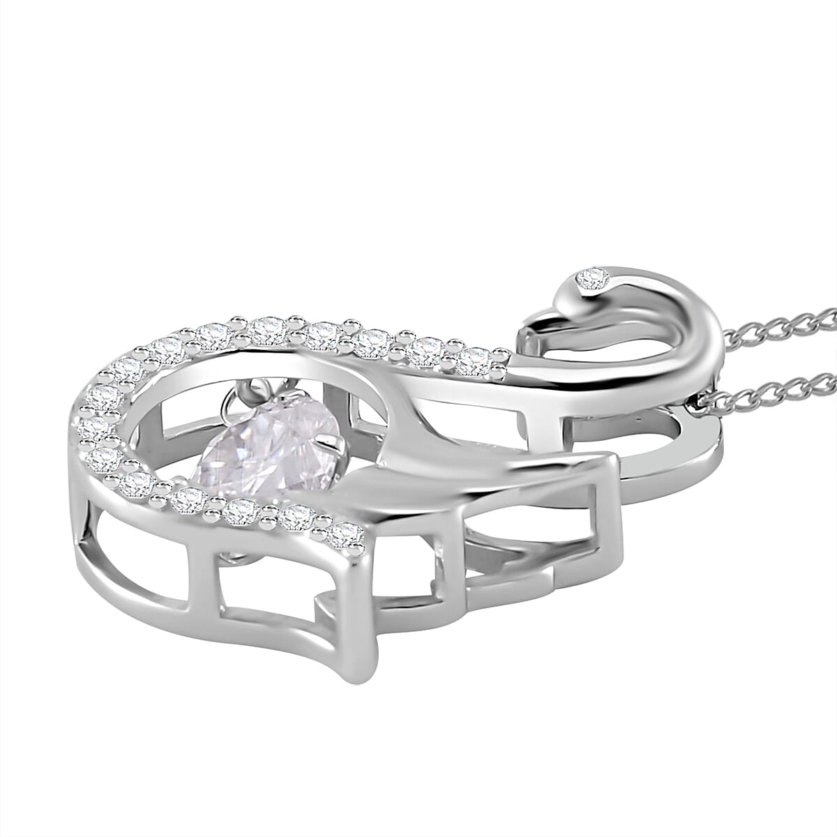 Moissanite 1.00 ctw Swan Dancing Pendant Necklace in Rhodium Over Sterling Silver 20 Inches