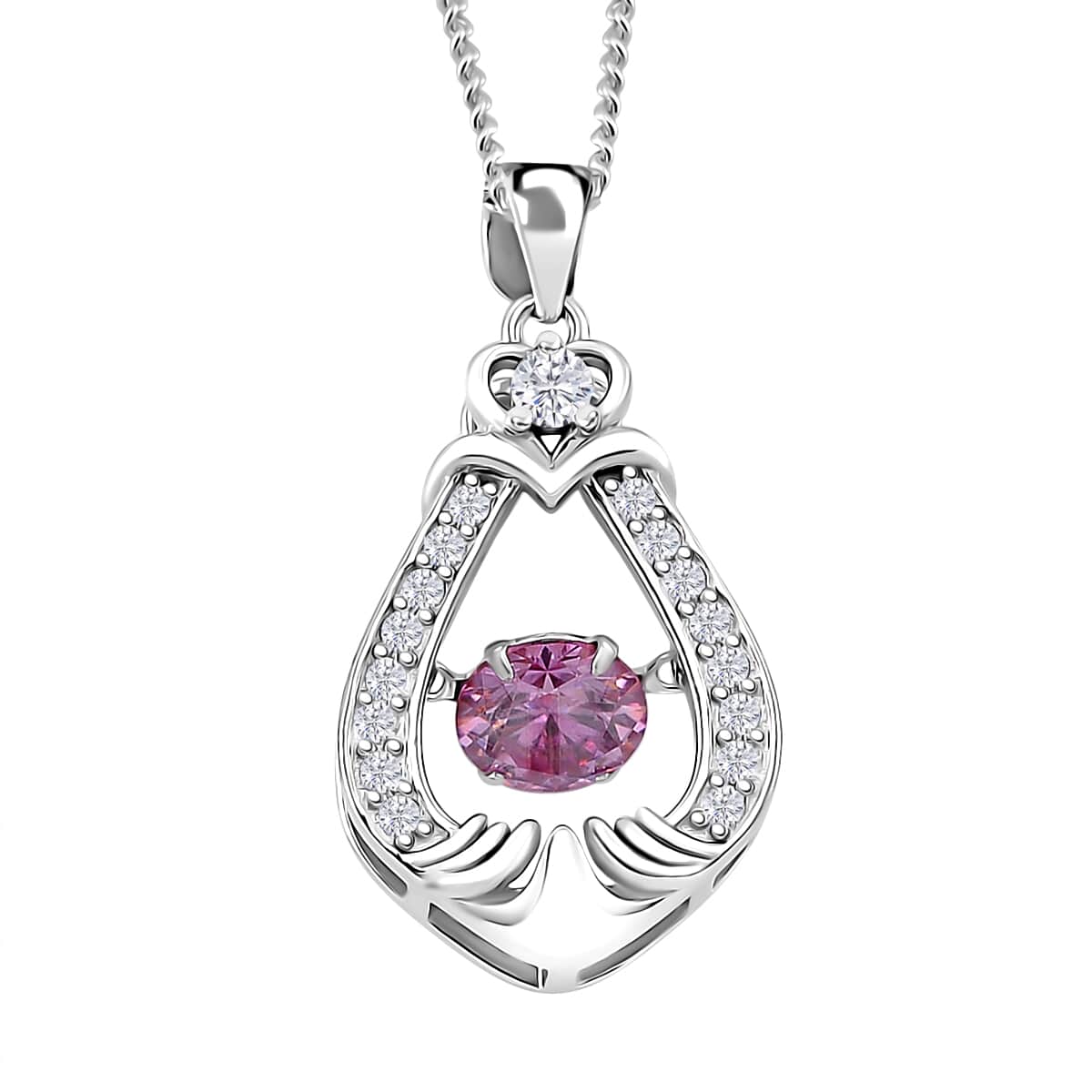 Pink and White Moissanite 1.00 ctw Heart Dancing Pendant Necklace in Rhodium Over Sterling Silver 20 Inches image number 0