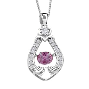 Pink and White Moissanite 1.00 ctw Heart Dancing Pendant Necklace in Rhodium Over Sterling Silver 20 Inches