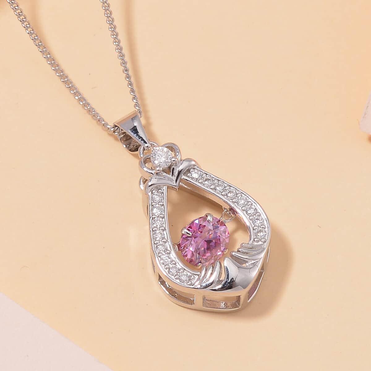 Pink and White Moissanite 1.00 ctw Heart Dancing Pendant Necklace in Rhodium Over Sterling Silver 20 Inches image number 1