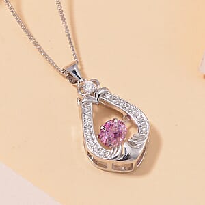 Pink and White Moissanite 1.00 ctw Heart Dancing Pendant Necklace in Rhodium Over Sterling Silver 20 Inches