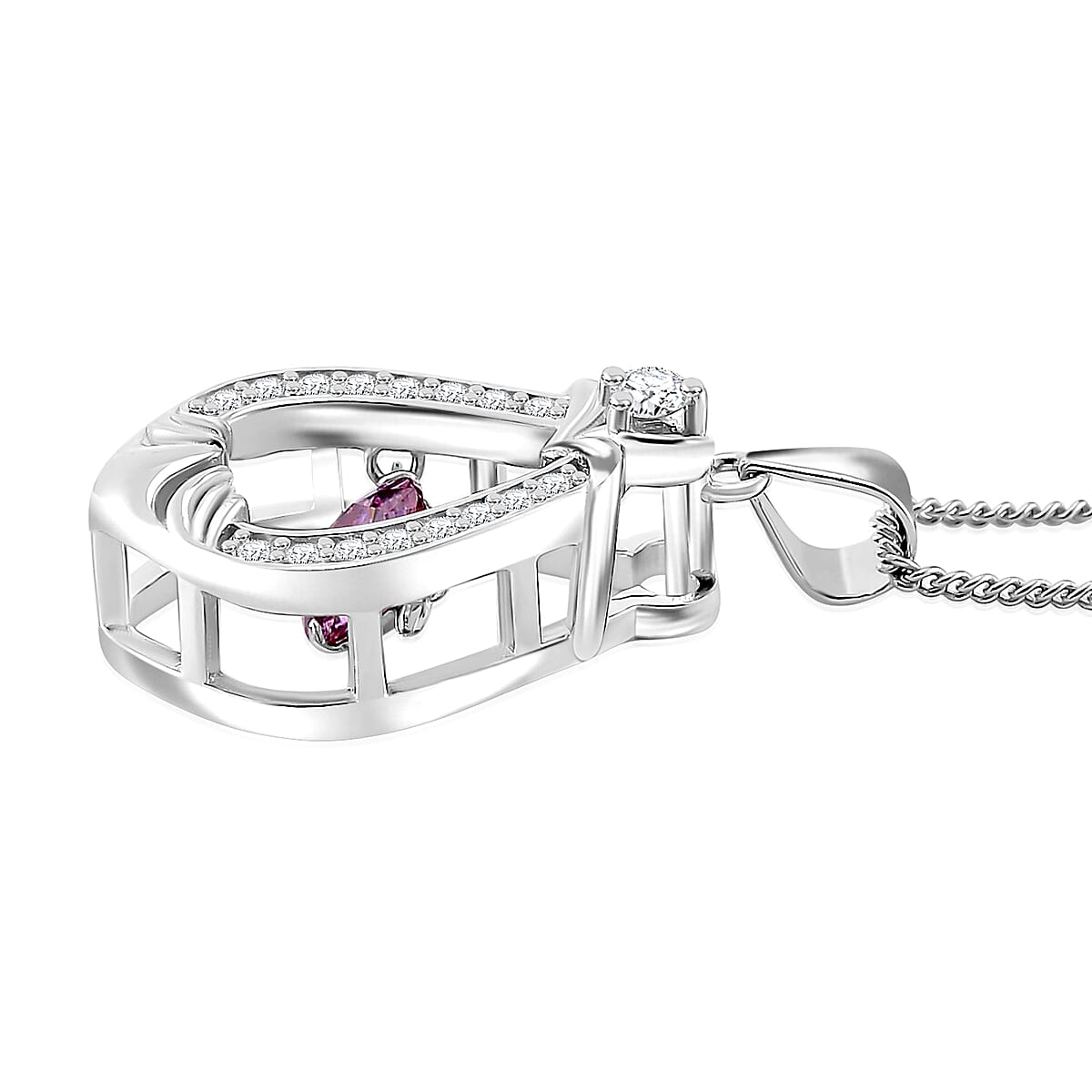 Pink and White Moissanite 1.00 ctw Heart Dancing Pendant Necklace in Rhodium Over Sterling Silver 20 Inches