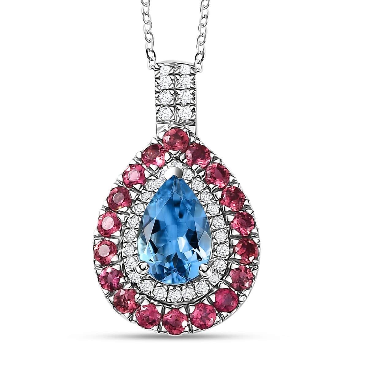 Certified & Appraised Rhapsody AAAA Santa Maria Aquamarine, Ouro Fino Rubellite and E-F VS Diamond 1.90 ctw Double Halo Pendant Necklace in 950 Platinum 18 Inches  image number 0