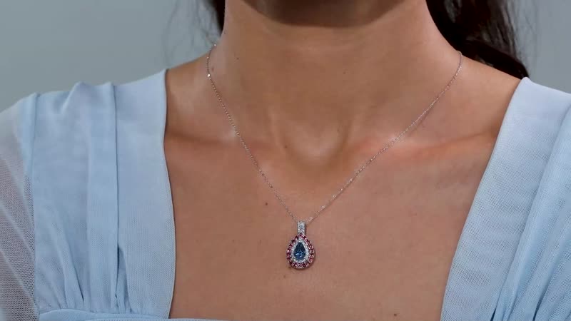 Certified & Appraised Rhapsody AAAA Santa Maria Aquamarine, Ouro Fino Rubellite and E-F VS Diamond 1.90 ctw Double Halo Pendant Necklace in 950 Platinum 18 Inches