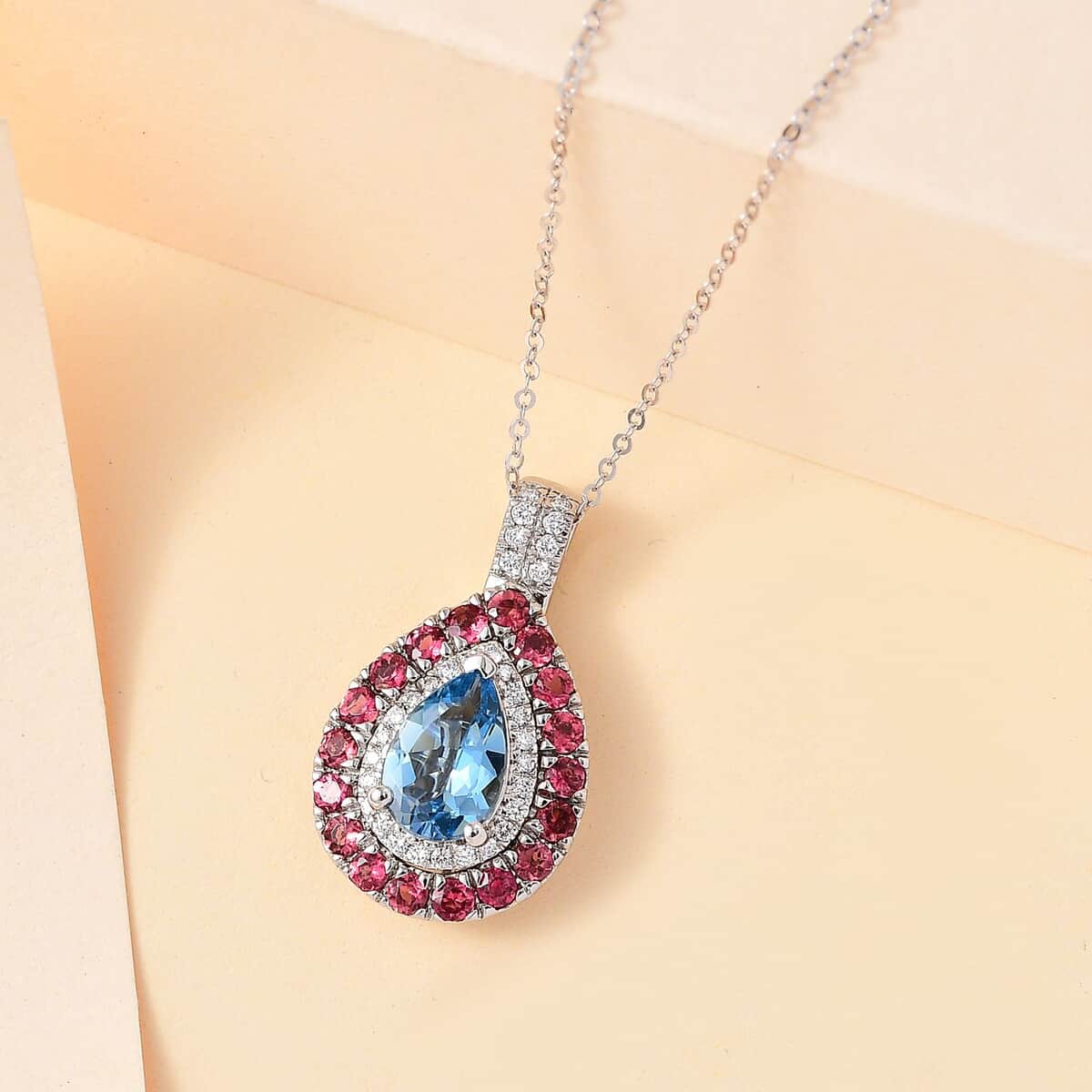 Certified & Appraised Rhapsody AAAA Santa Maria Aquamarine, Ouro Fino Rubellite and E-F VS Diamond 1.90 ctw Double Halo Pendant Necklace in 950 Platinum 18 Inches  image number 1