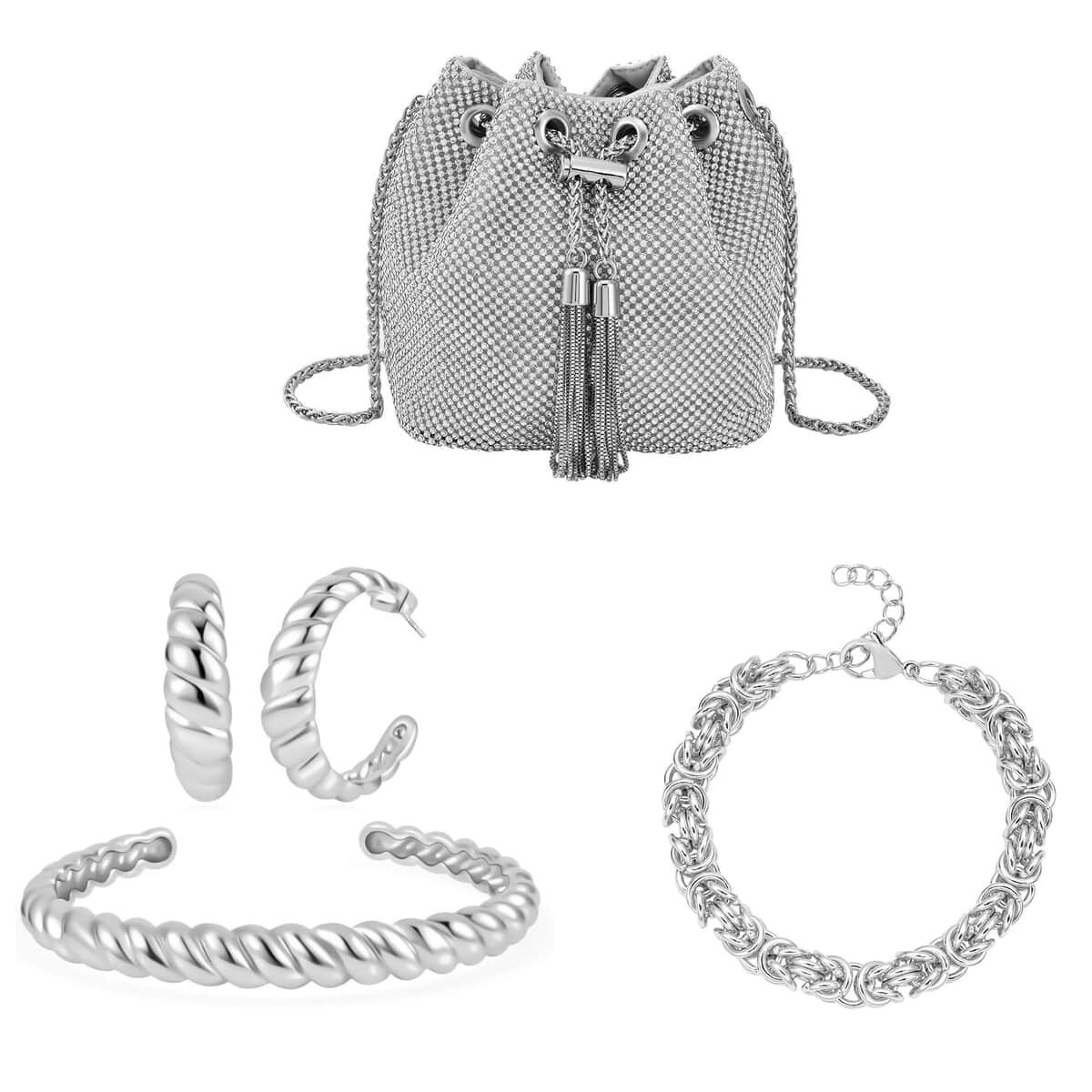 Twisted Cuff Bracelet (7.50In), Half Hoop Earrings, Byzantine Link Chain Bracelet (7.50-9.00In) in Stainless Steel and Austrian Crystal, with Tassel lock, Bucket Bag image number 0