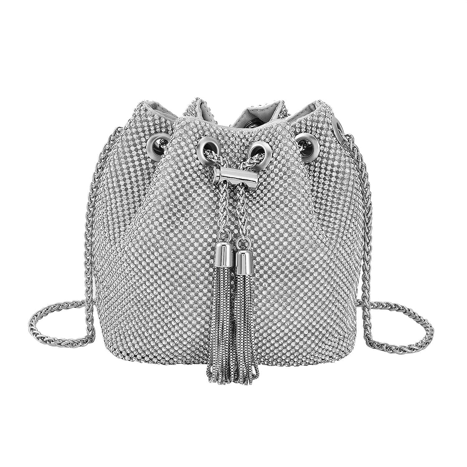 Twisted Cuff Bracelet (7.50In), Half Hoop Earrings, Byzantine Link Chain Bracelet (7.50-9.00In) in Stainless Steel and Austrian Crystal, with Tassel lock, Bucket Bag