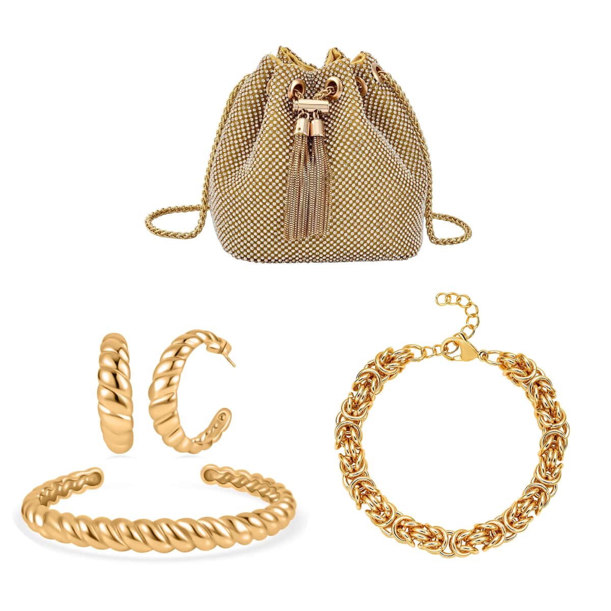 Twisted Cuff Bracelet (7.50In), Half Hoop Earrings, Byzantine Link Chain Bracelet (7.50-9.00In) in ION Plated YG Stainless Steel and Austrian Crystal, with Tassel lock, Bucket Bag image number 0