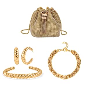 Twisted Cuff Bracelet (7.50In), Half Hoop Earrings, Byzantine Link Chain Bracelet (7.50-9.00In) in ION Plated YG Stainless Steel and Austrian Crystal, with Tassel lock, Bucket Bag