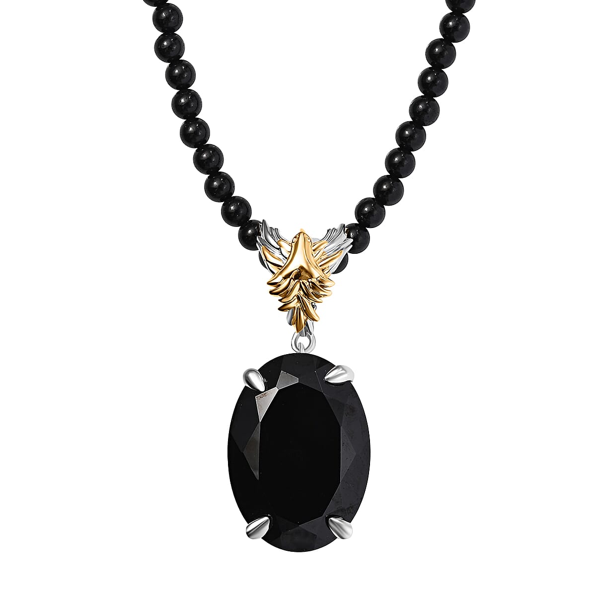 Thai Black Spinel 109.60 ctw Phoenix Pendant with Beaded Necklace 20 Inches in 18K Vermeil YG and Rhodium Over Sterling Silver  image number 0