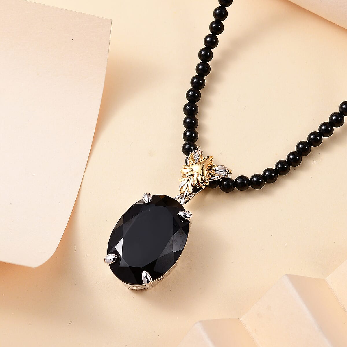 Thai Black Spinel 109.60 ctw Phoenix Pendant with Beaded Necklace 20 Inches in 18K Vermeil YG and Rhodium Over Sterling Silver  image number 1