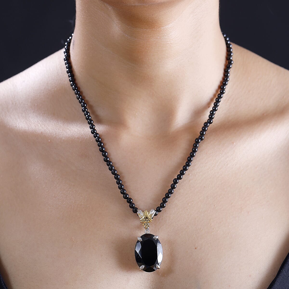 Thai Black Spinel 109.60 ctw Phoenix Pendant with Beaded Necklace 20 Inches in 18K Vermeil YG and Rhodium Over Sterling Silver  image number 2