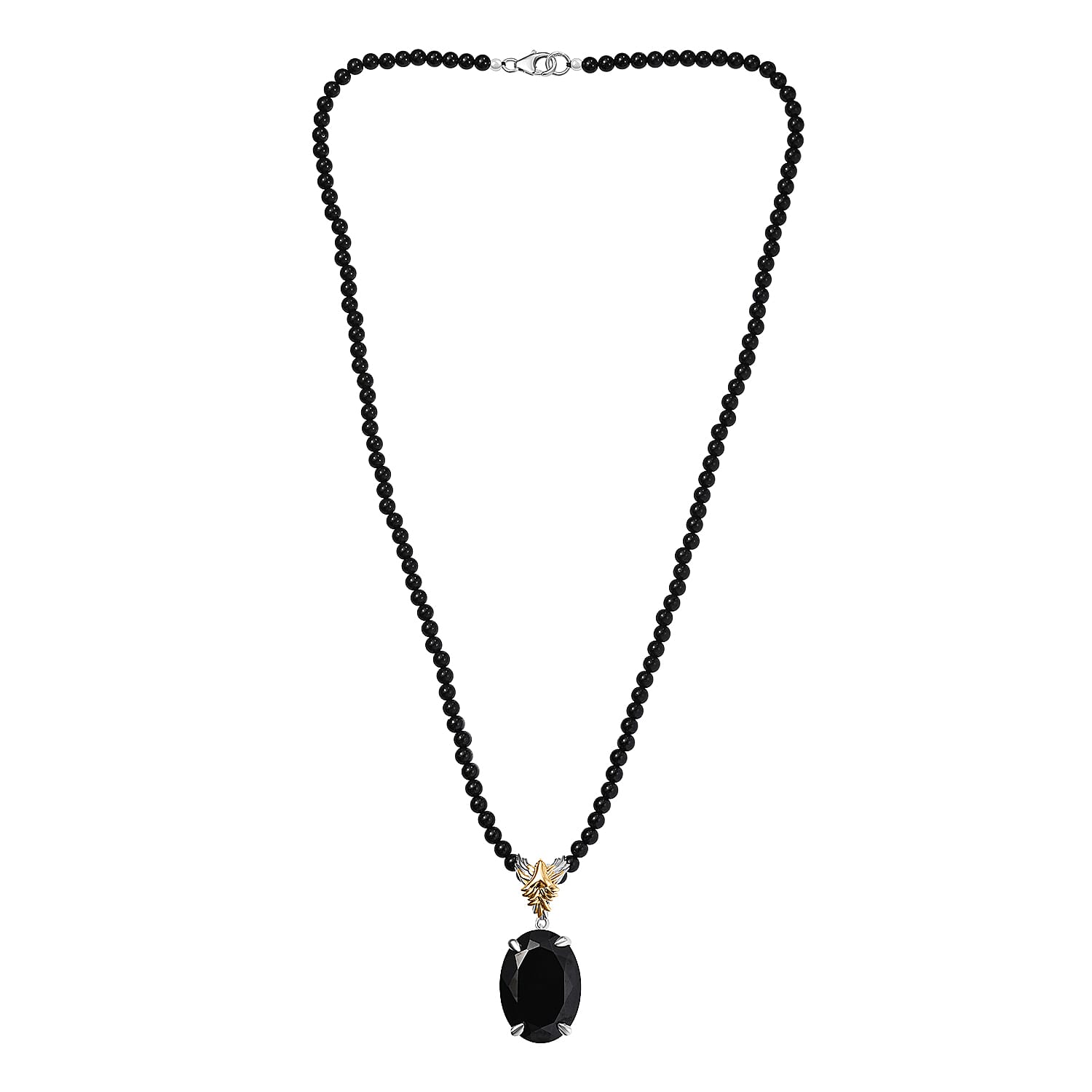 Thai Black Spinel 109.60 ctw Phoenix Pendant with Beaded Necklace 20 Inches in 18K Vermeil YG and Rhodium Over Sterling Silver 