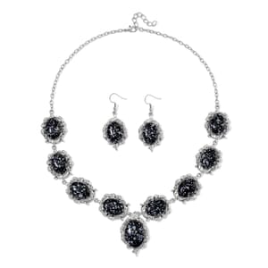 Snowflake Jasper 330.00 ctw and Austrian Crystal Earrings and Necklace 20-22 Inches in Silvertone