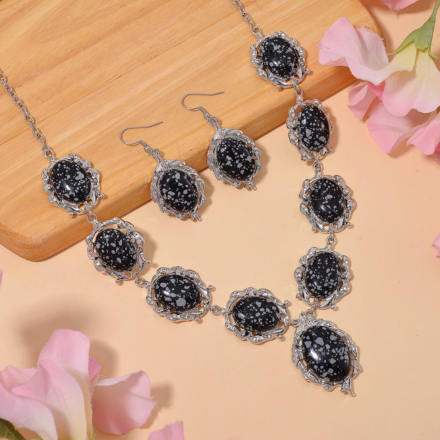 Snowflake Jasper 330.00 ctw and Austrian Crystal Earrings and Necklace 20-22 Inches in Silvertone