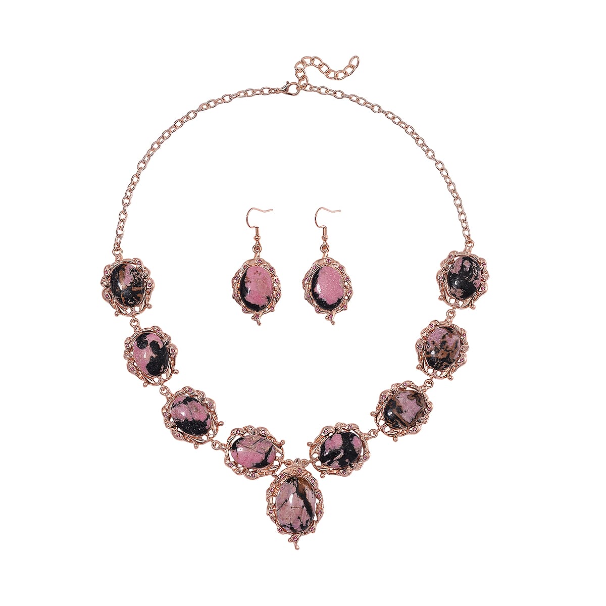 Rhodochrosite 330.00 ctw and Pink Austrian Crystal Earrings and Necklace 20-22 Inches in Rosetone image number 0
