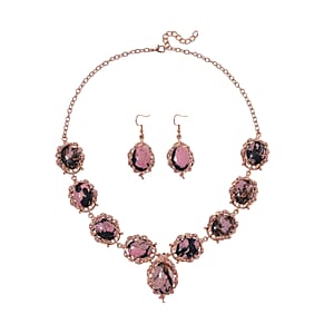 Rhodochrosite 330.00 ctw and Pink Austrian Crystal Earrings and Necklace 20-22 Inches in Rosetone