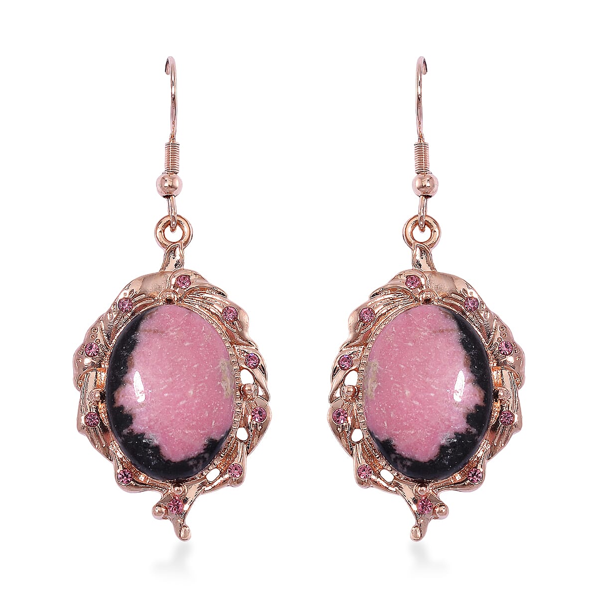 Rhodochrosite 330.00 ctw and Pink Austrian Crystal Earrings and Necklace 20-22 Inches in Rosetone image number 4