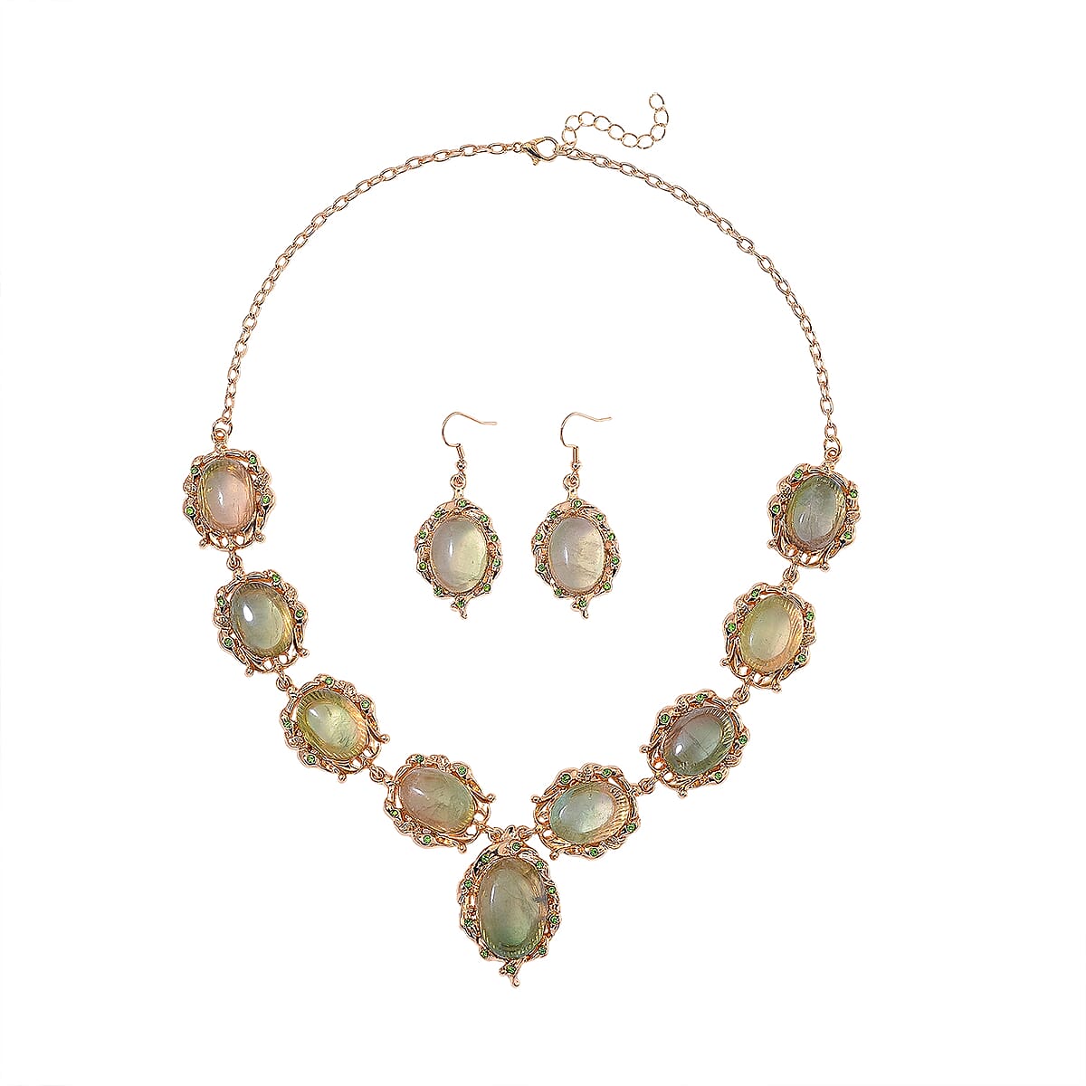 Fluorite 330.00 ctw and Green Austrian Crystal Earrings and Necklace 20-22 Inches in Goldtone image number 0