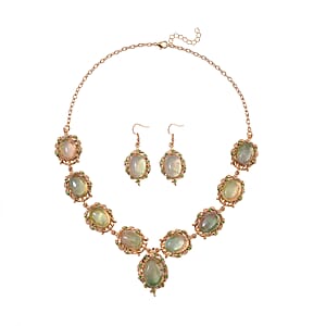 Fluorite 330.00 ctw and Green Austrian Crystal Earrings and Necklace 20-22 Inches in Goldtone