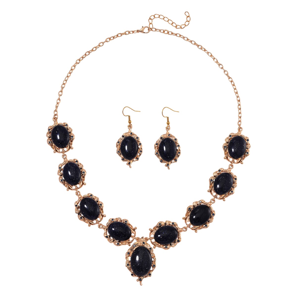 Blue Sandstone 330.00 ctw and Blue Austrian Crystal Earrings and Necklace 20-22 Inches in Goldtone image number 0