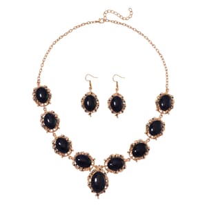 Blue Sandstone 330.00 ctw and Blue Austrian Crystal Earrings and Necklace 20-22 Inches in Goldtone