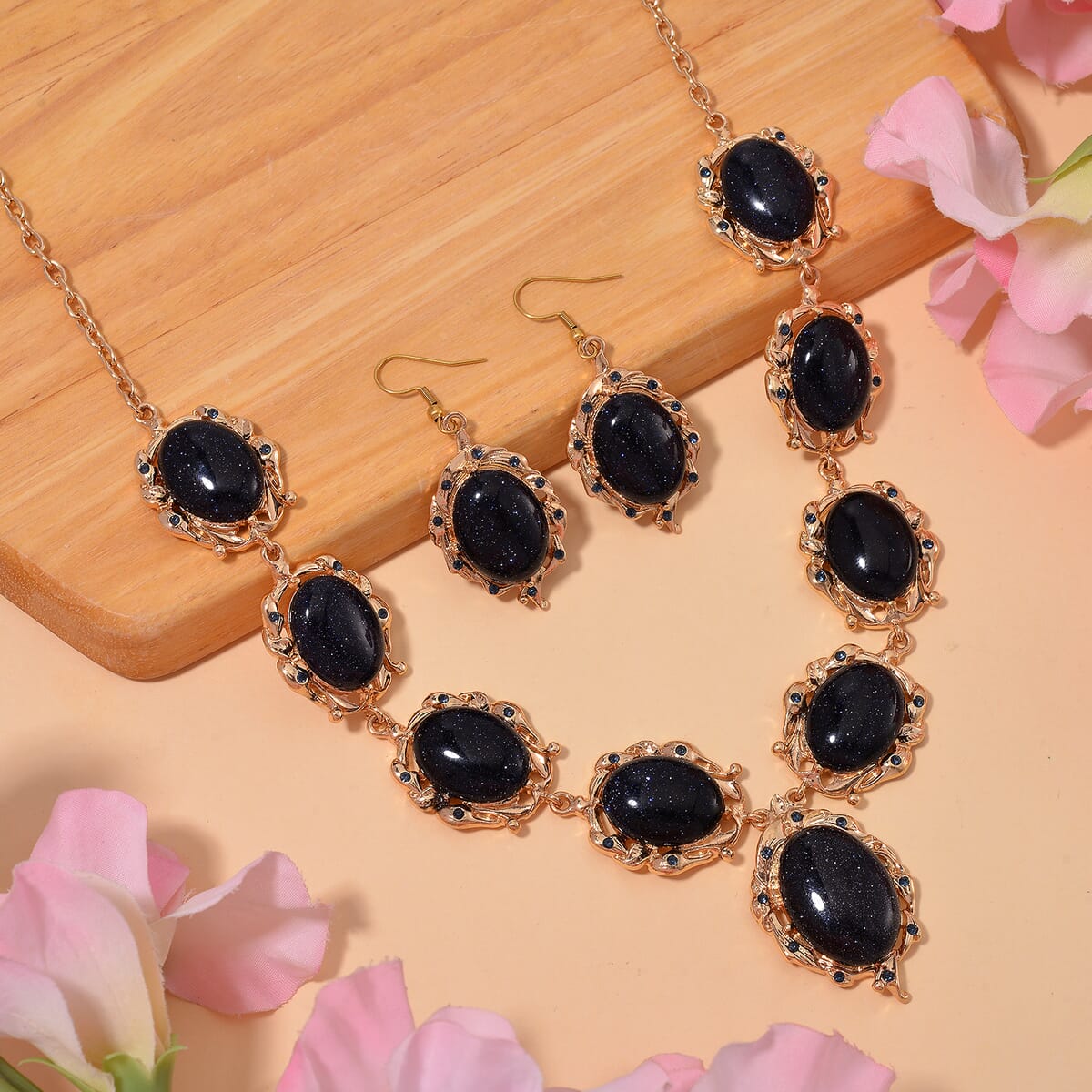 Blue Sandstone 330.00 ctw and Blue Austrian Crystal Earrings and Necklace 20-22 Inches in Goldtone image number 1