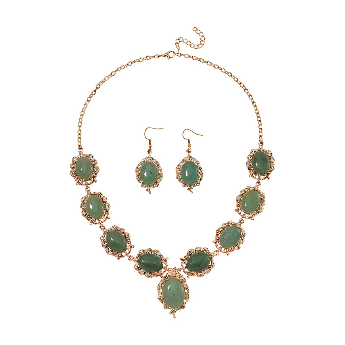 Green Aventurine, Green Austrian Crystal 330.00 ctw Earrings and Necklace 20-22 Inches in Goldtone  image number 0