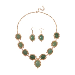 Green Aventurine, Green Austrian Crystal 330.00 ctw Earrings and Necklace 20-22 Inches in Goldtone 