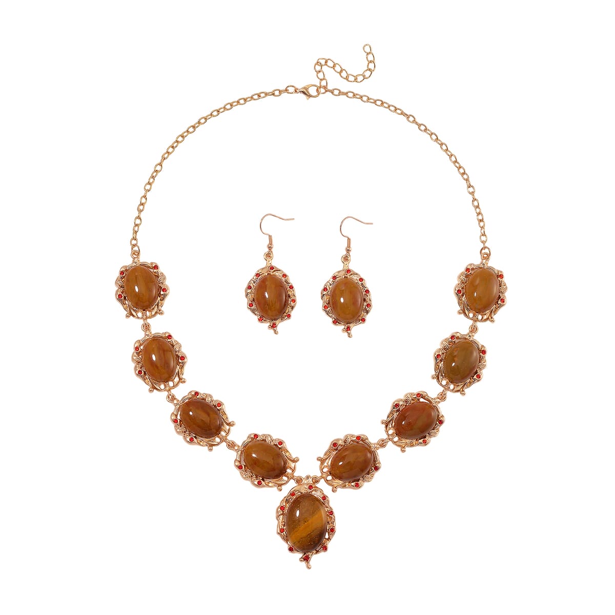 Kennedy Range Mookite 330.00 ctw and Red Austrian Crystal Earrings and Necklace 20-22 Inches in Goldtone image number 0