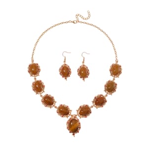 Kennedy Range Mookite 330.00 ctw and Red Austrian Crystal Earrings and Necklace 20-22 Inches in Goldtone