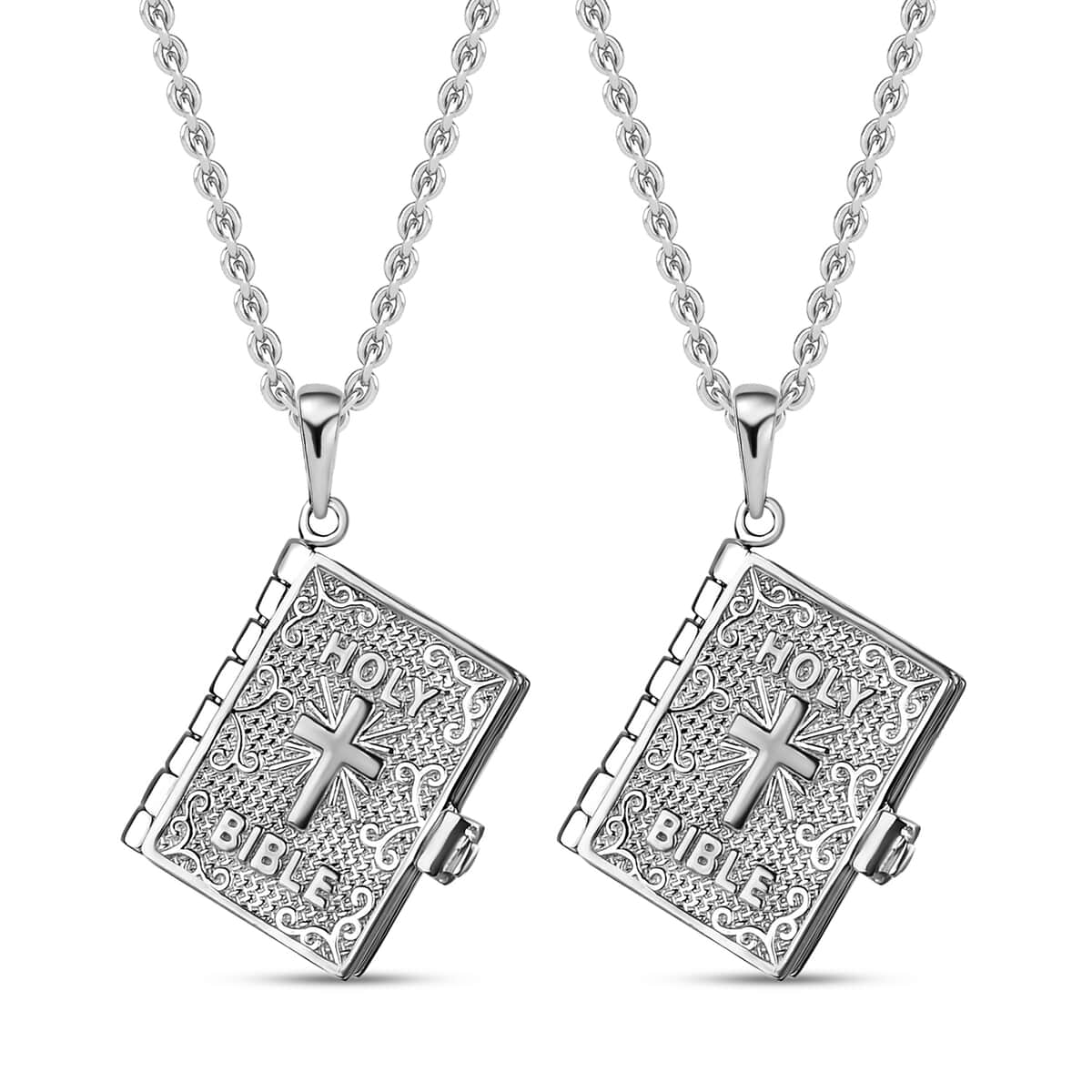 Set of 2 Openable Holy Cross Bible Pendant in Sterling Silver with Stainless Steel Necklace 20 Inches image number 0