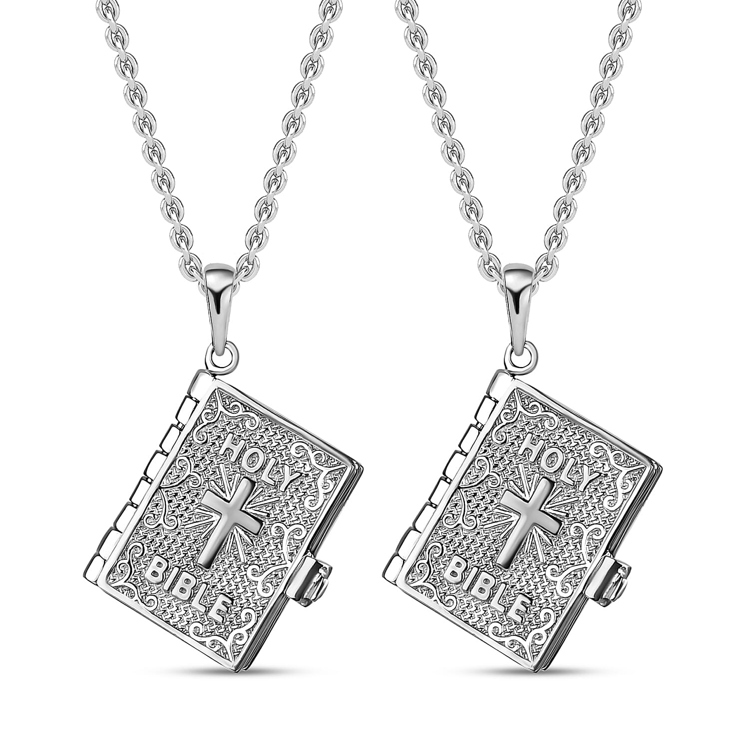 Set of 2 Openable Holy Cross Bible Pendant in Sterling Silver with Stainless Steel Necklace (20 Inches)