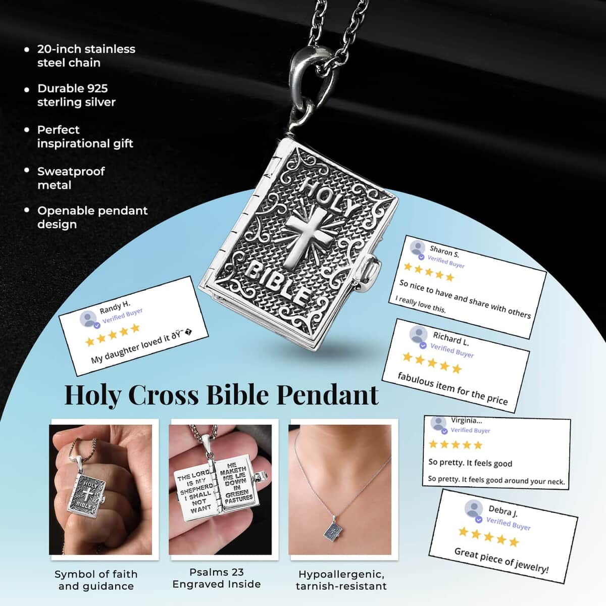 Set of 2 Openable Holy Cross Bible Pendant in Sterling Silver with Stainless Steel Necklace 20 Inches image number 8