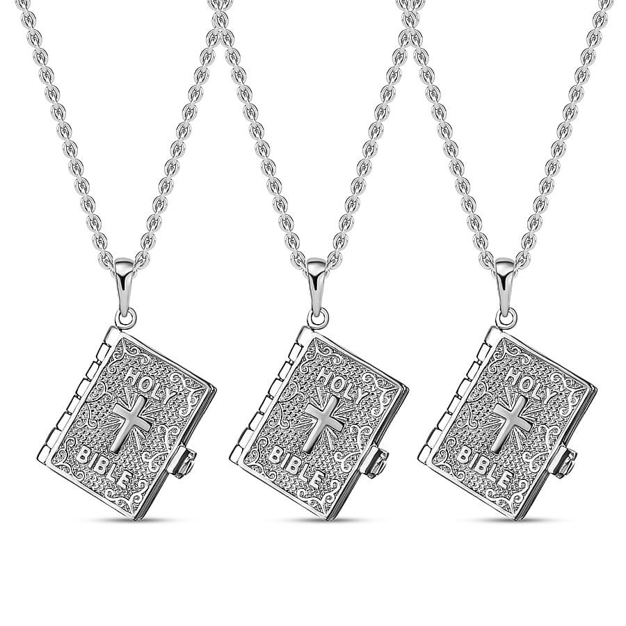 Set of 2 Openable Holy Cross Bible Pendant in Sterling Silver with Stainless Steel Necklace 20 Inches
