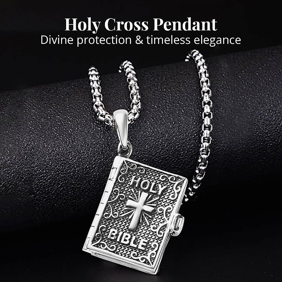 Set of 2 Openable Holy Cross Bible Pendant in Sterling Silver with Stainless Steel Necklace 20 Inches