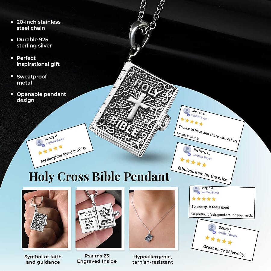 Set of 2 Openable Holy Cross Bible Pendant in Sterling Silver with Stainless Steel Necklace 20 Inches