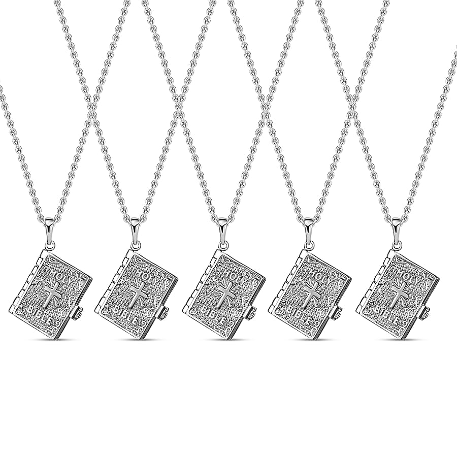 Set of 2 Openable Holy Cross Bible Pendant in Sterling Silver with Stainless Steel Necklace 20 Inches