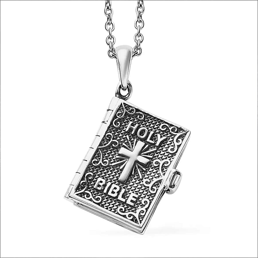 Set of 2 Openable Holy Cross Bible Pendant in Sterling Silver with Stainless Steel Necklace 20 Inches