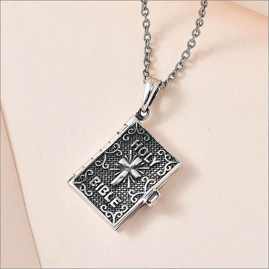 Set of 2 Openable Holy Cross Bible Pendant in Sterling Silver with Stainless Steel Necklace 20 Inches