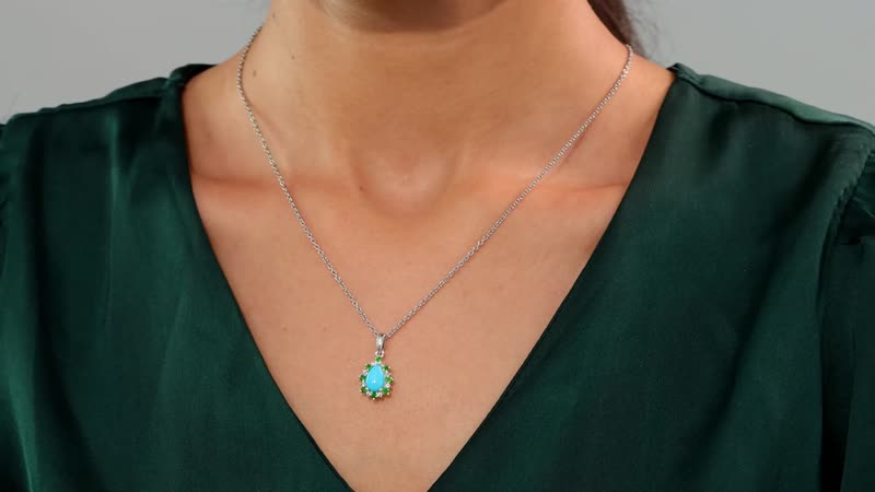 Sleeping Beauty Turquoise and Multi Gemstone 2.10 ctw Pendant in Rhodium Over Sterling Silver with Stainless Steel Necklace 20 Inches