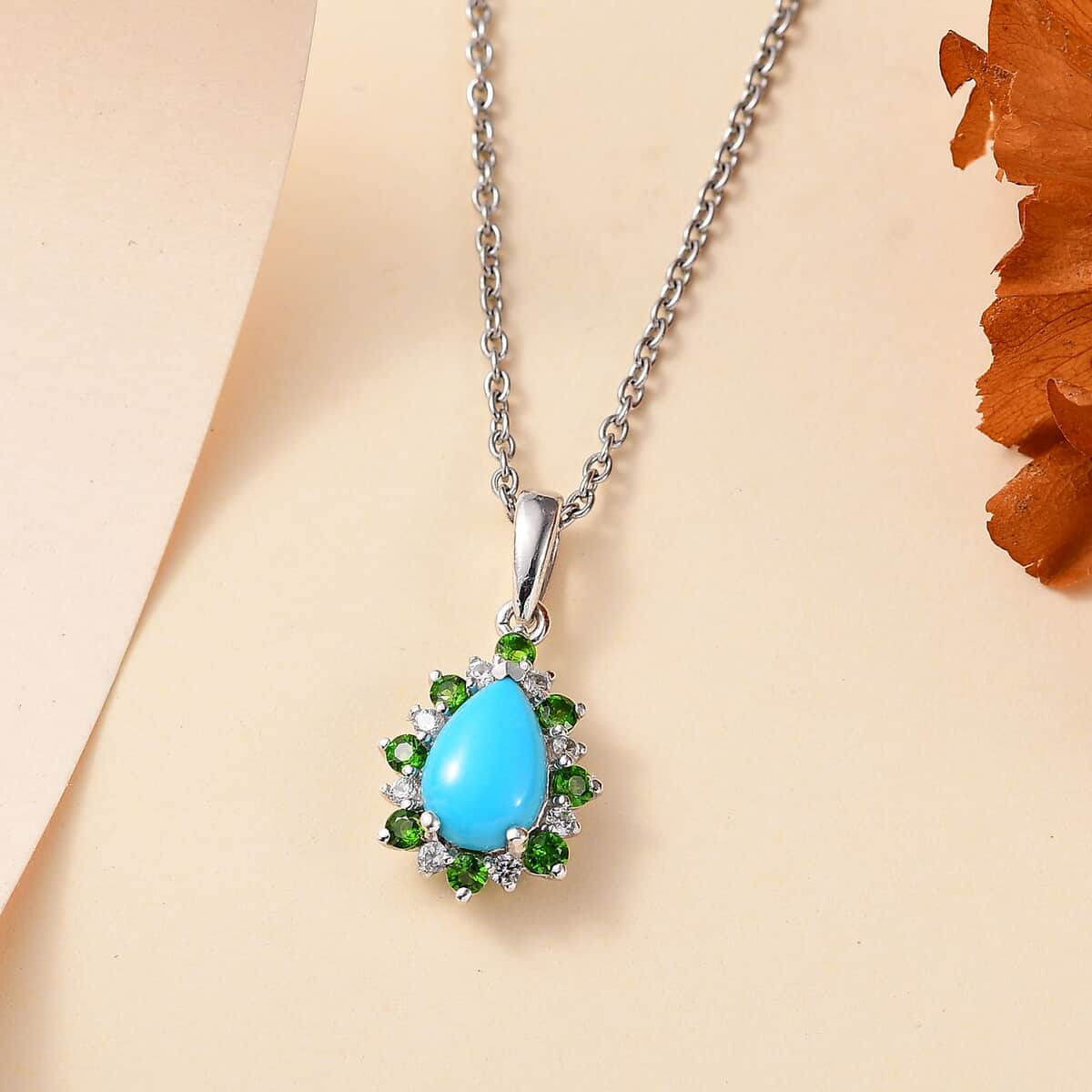 Sleeping Beauty Turquoise and Multi Gemstone 2.10 ctw Pendant in Rhodium Over Sterling Silver with Stainless Steel Necklace 20 Inches image number 1