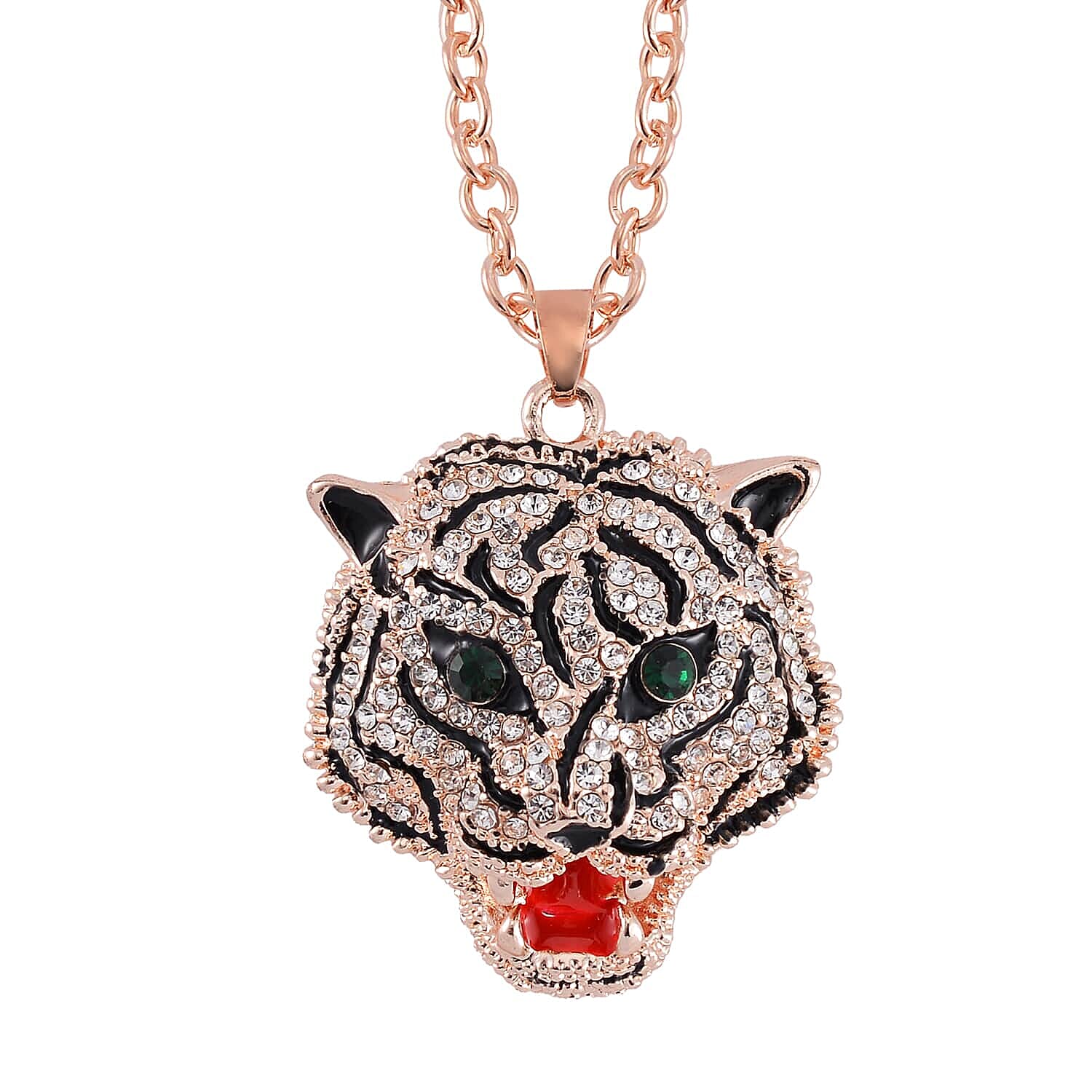4 Pcs Set - Strada Japanese Movement Watch in Steel Stretch Strap with Glass, White & Aurora Borealis Austrian Crystal Butterfly and Tiger Head Pendant Necklace (24 In) in Rosetone