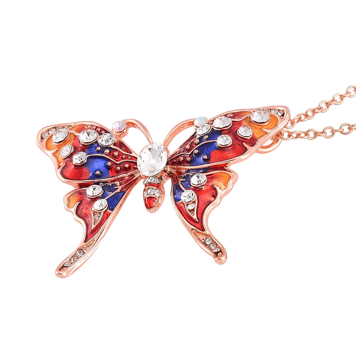 4 Pcs Set - Strada Japanese Movement Watch in Steel Stretch Strap with Glass, White & Aurora Borealis Austrian Crystal Butterfly and Tiger Head Pendant Necklace (24 In) in Rosetone