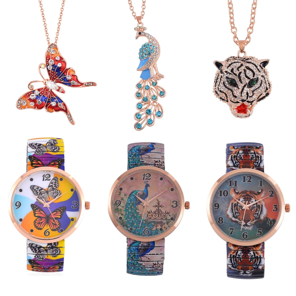 6 Pcs Set - Strada Japanese Movement Watch in Steel Stretch Strap with Green & White Austrian Crystal, Enameled Tiger Head, Peacock & Butterfly Pendant Necklace (24 Inches) in Rosetone image number 0