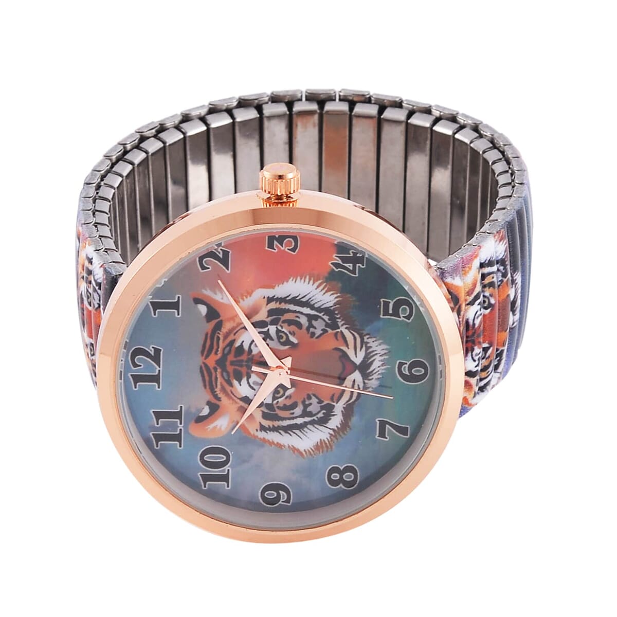 6 Pcs Set - Strada Japanese Movement Watch in Steel Stretch Strap with Green & White Austrian Crystal, Enameled Tiger Head, Peacock & Butterfly Pendant Necklace (24 Inches) in Rosetone image number 3